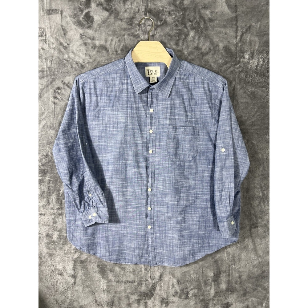 True Nation Mens 3XL Blue Cotton Chambray Short Sleeve Button Down Shirt Pockets